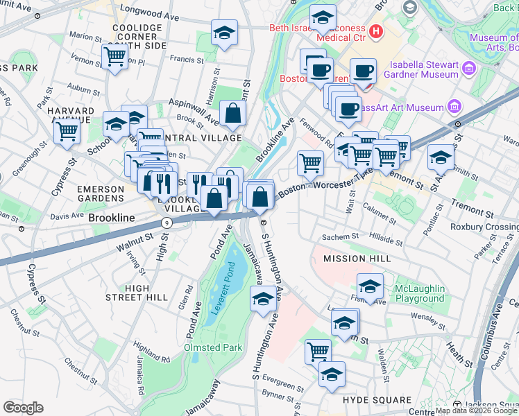 map of restaurants, bars, coffee shops, grocery stores, and more near 897 Huntington Avenue in Boston
