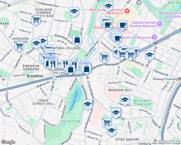 map of restaurants, bars, coffee shops, grocery stores, and more near 25-25A South Huntington Avenue in Boston