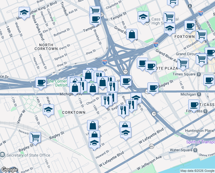 map of restaurants, bars, coffee shops, grocery stores, and more near 2050 8th Street in Detroit