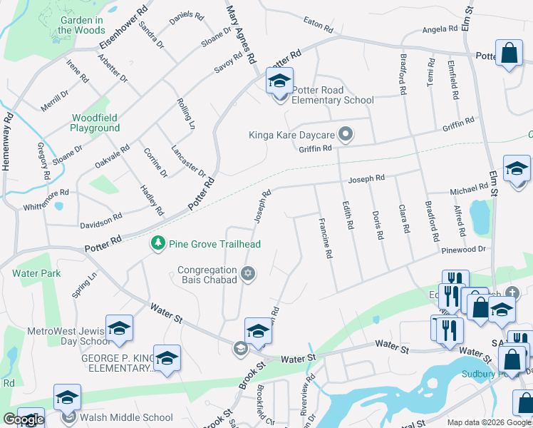 map of restaurants, bars, coffee shops, grocery stores, and more near 58 Joseph Road in Framingham