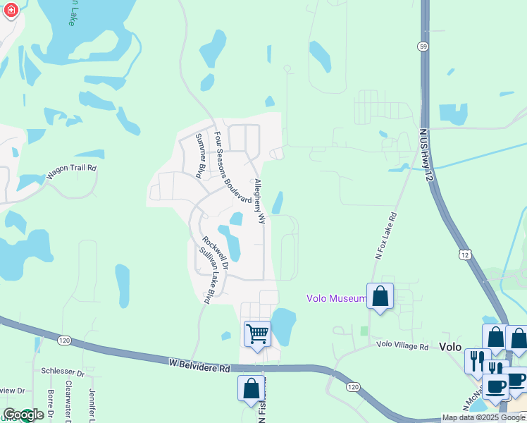 map of restaurants, bars, coffee shops, grocery stores, and more near 32187 Allegheny Way in Lakemoor