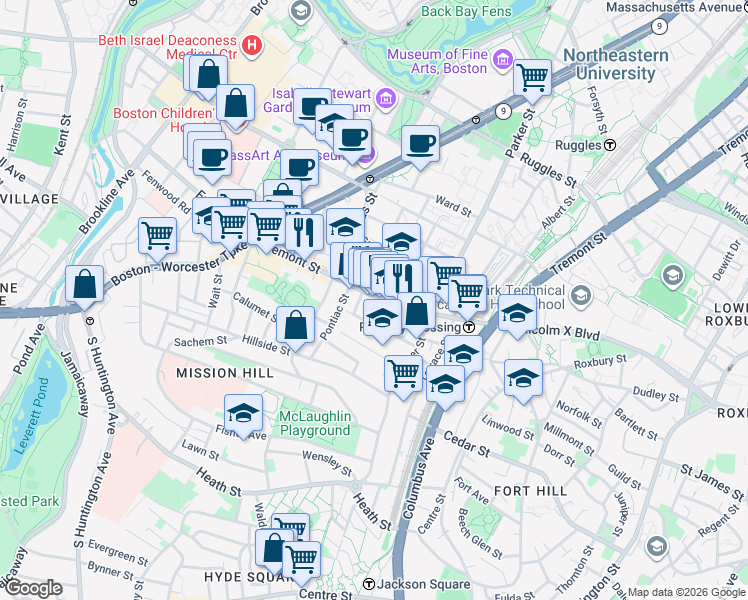 map of restaurants, bars, coffee shops, grocery stores, and more near 1512 Tremont Street in Boston