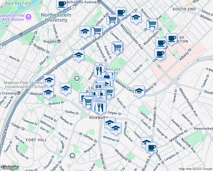map of restaurants, bars, coffee shops, grocery stores, and more near 16 Eustis Street in Boston