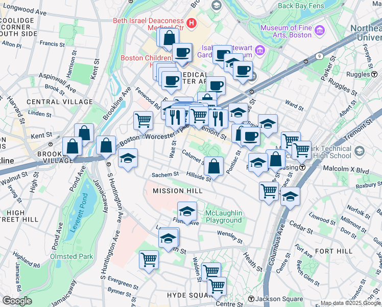map of restaurants, bars, coffee shops, grocery stores, and more near 5 Oswald Street in Boston