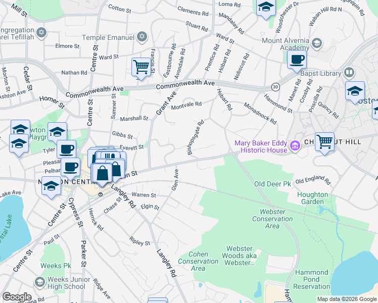 map of restaurants, bars, coffee shops, grocery stores, and more near Bishopsgate Road & The Ledges Road in Newton