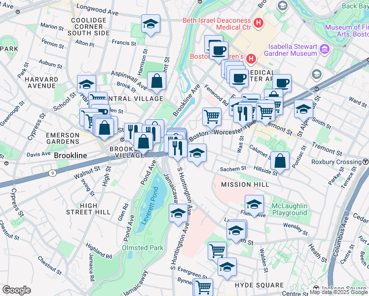 map of restaurants, bars, coffee shops, grocery stores, and more near 882 Huntington Avenue in Boston