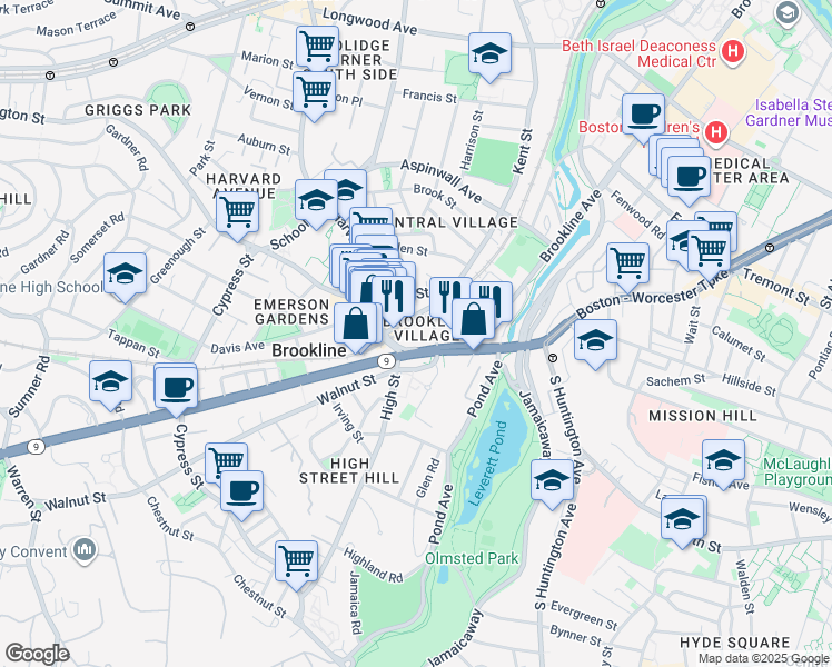 map of restaurants, bars, coffee shops, grocery stores, and more near 10 Brookline Place in Brookline