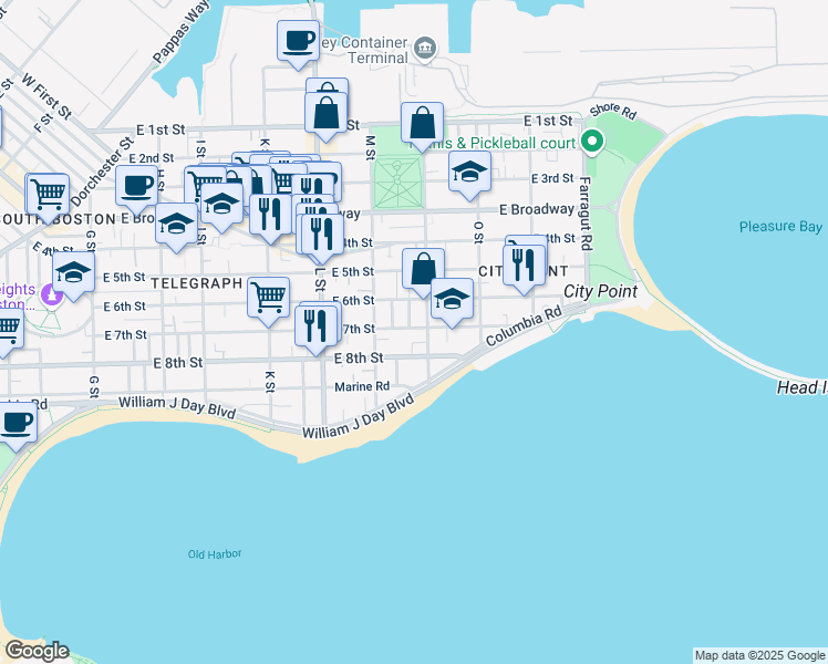 map of restaurants, bars, coffee shops, grocery stores, and more near 202 N Street in Boston