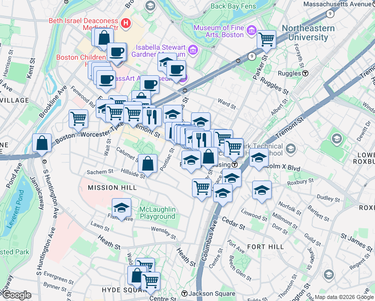 map of restaurants, bars, coffee shops, grocery stores, and more near 1510 Tremont Street in Boston