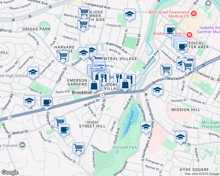 map of restaurants, bars, coffee shops, grocery stores, and more near 10 Brookline Place in Brookline
