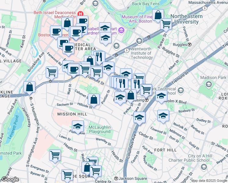 map of restaurants, bars, coffee shops, grocery stores, and more near 2 Carmel Street in Boston