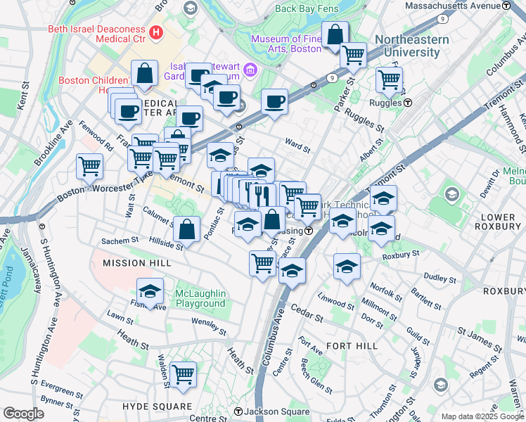 map of restaurants, bars, coffee shops, grocery stores, and more near 1483 Tremont Street in Boston