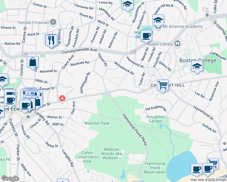 map of restaurants, bars, coffee shops, grocery stores, and more near 492 Beacon Street in Newton