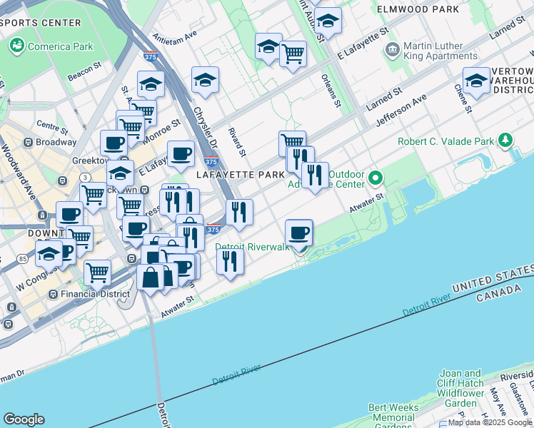 map of restaurants, bars, coffee shops, grocery stores, and more near 214 Rivard Street in Detroit