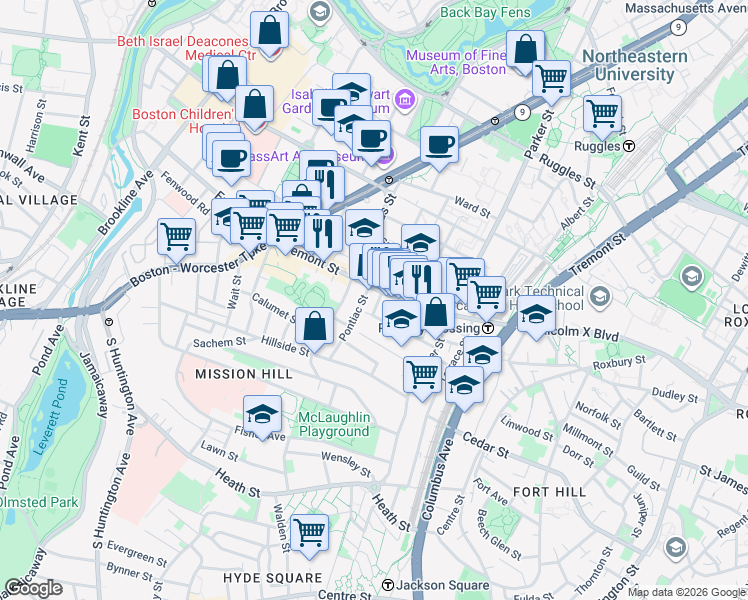map of restaurants, bars, coffee shops, grocery stores, and more near 1545 Tremont Street in Boston