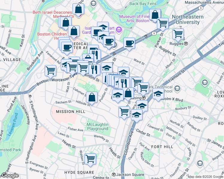 map of restaurants, bars, coffee shops, grocery stores, and more near 2 Carmel Street in Boston