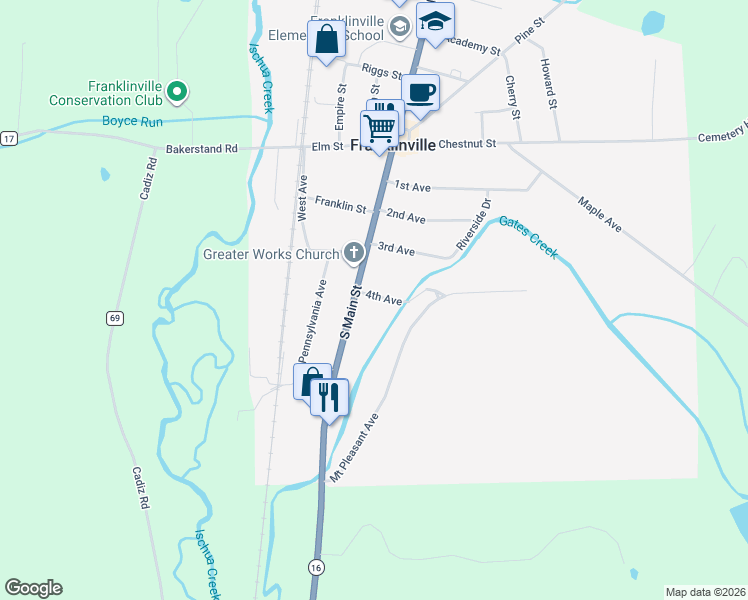 map of restaurants, bars, coffee shops, grocery stores, and more near 5 4th Avenue in Franklinville