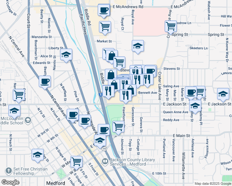 map of restaurants, bars, coffee shops, grocery stores, and more near 501 Medford Center in Medford