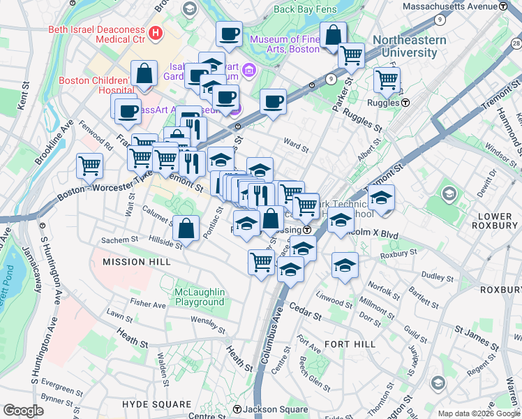 map of restaurants, bars, coffee shops, grocery stores, and more near 1481 Tremont Street in Boston