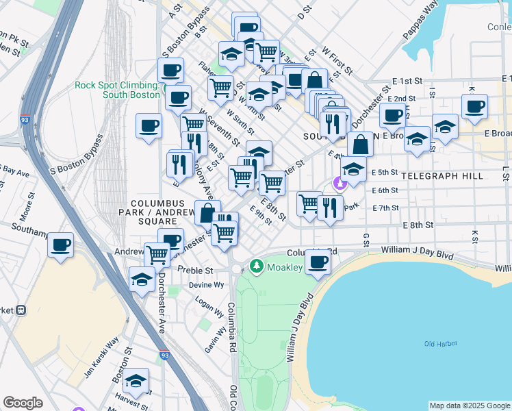 map of restaurants, bars, coffee shops, grocery stores, and more near 229 East 8th Street in Boston