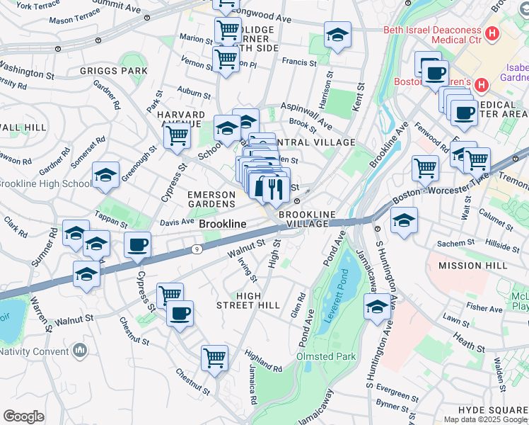 map of restaurants, bars, coffee shops, grocery stores, and more near 4 Station Street in Brookline