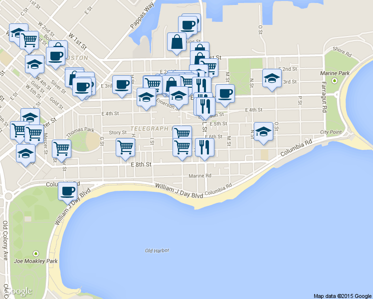map of restaurants, bars, coffee shops, grocery stores, and more near 589 East 6th Street in Boston