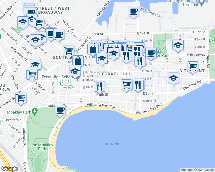 map of restaurants, bars, coffee shops, grocery stores, and more near 151 I Street in Boston