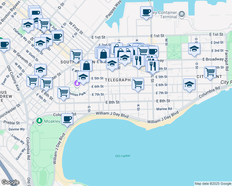 map of restaurants, bars, coffee shops, grocery stores, and more near 151 I Street in Boston