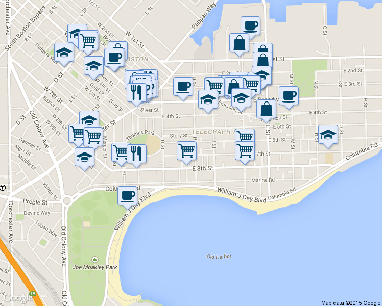 map of restaurants, bars, coffee shops, grocery stores, and more near 145 H Street in Boston