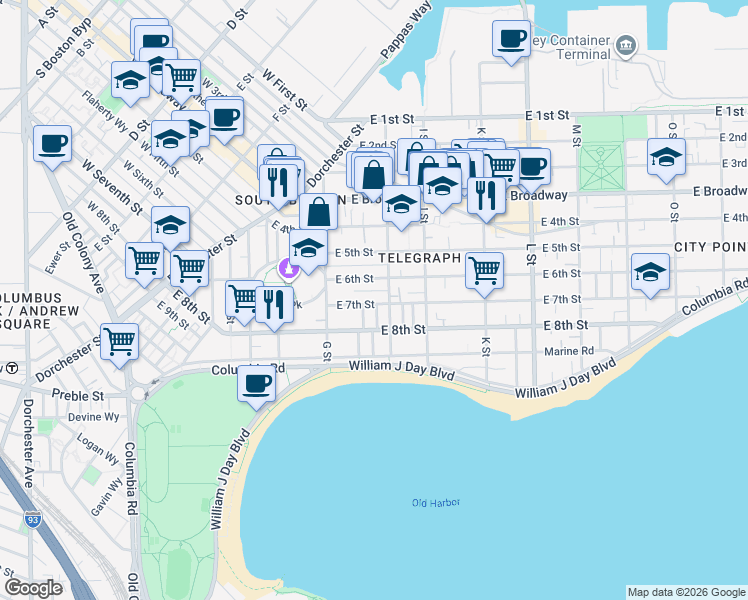 map of restaurants, bars, coffee shops, grocery stores, and more near 145 H Street in Boston