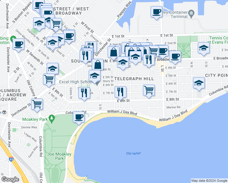 map of restaurants, bars, coffee shops, grocery stores, and more near 145 H Street in Boston