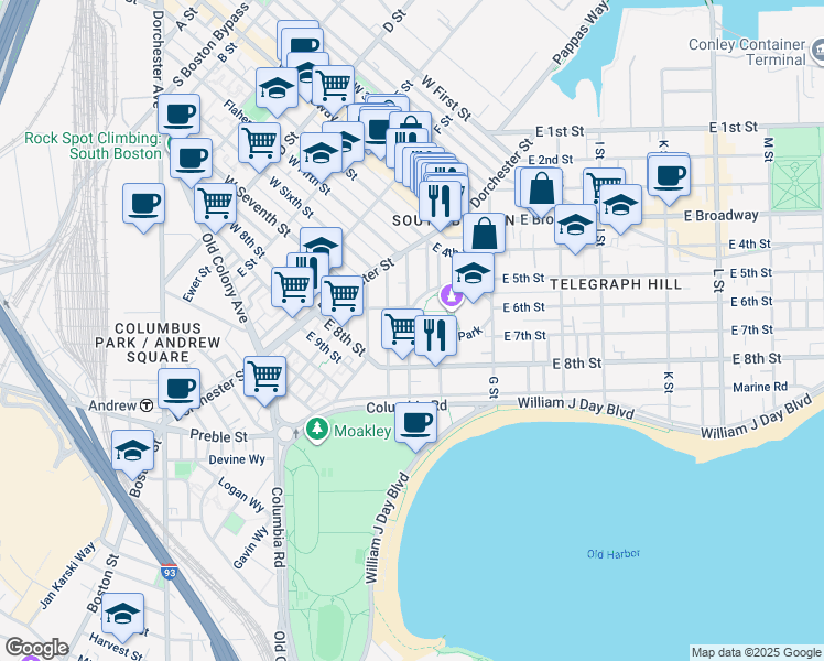 map of restaurants, bars, coffee shops, grocery stores, and more near 53 Old Harbor Street in Boston