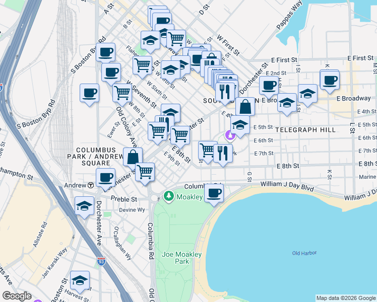 map of restaurants, bars, coffee shops, grocery stores, and more near 22 Mercer Street in Boston