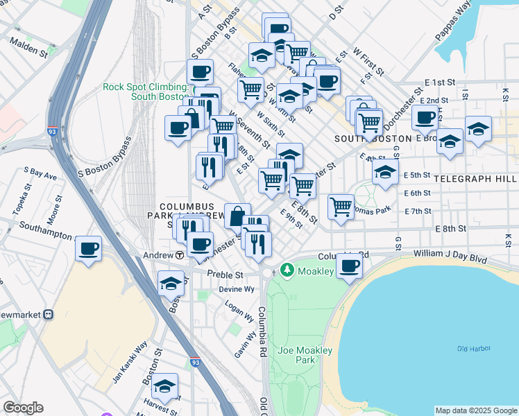 map of restaurants, bars, coffee shops, grocery stores, and more near 218 West 9th Street in Boston