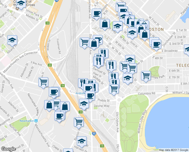 map of restaurants, bars, coffee shops, grocery stores, and more near 466 Dorchester Avenue in Boston