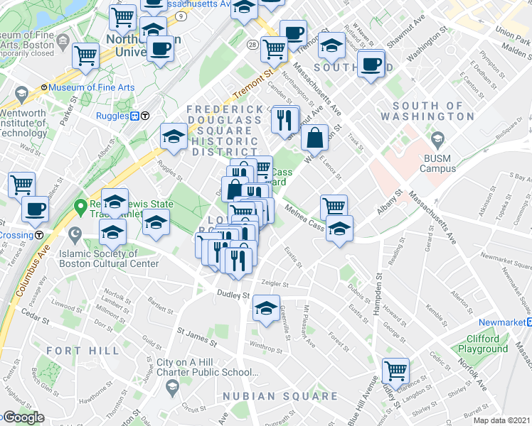 map of restaurants, bars, coffee shops, grocery stores, and more near 450 Melnea Cass Boulevard in Boston