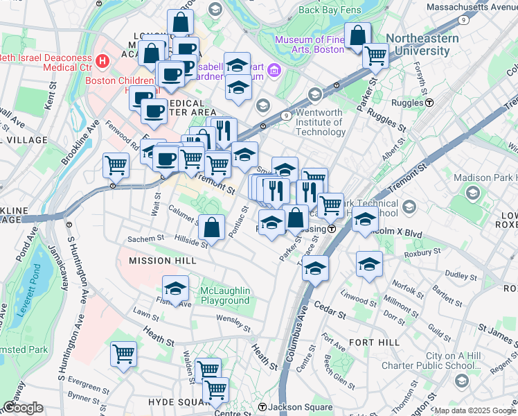 map of restaurants, bars, coffee shops, grocery stores, and more near 1545 Tremont Street in Boston