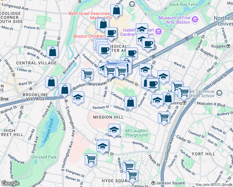 map of restaurants, bars, coffee shops, grocery stores, and more near 25 Calumet Street in Boston