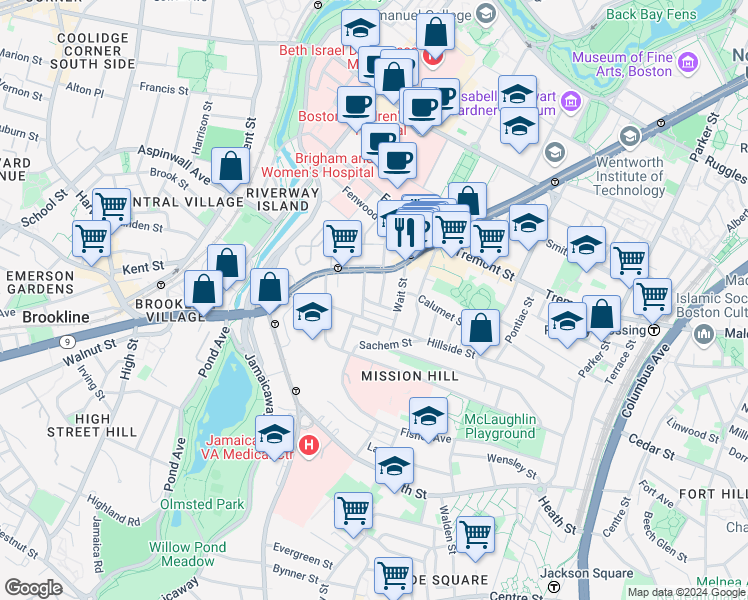map of restaurants, bars, coffee shops, grocery stores, and more near 800 Huntington Avenue in Boston
