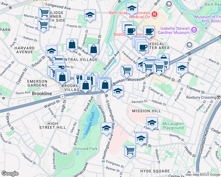 map of restaurants, bars, coffee shops, grocery stores, and more near 852 Huntington Avenue in Boston