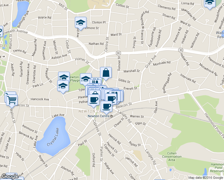 map of restaurants, bars, coffee shops, grocery stores, and more near 14 Willow Street in Newton