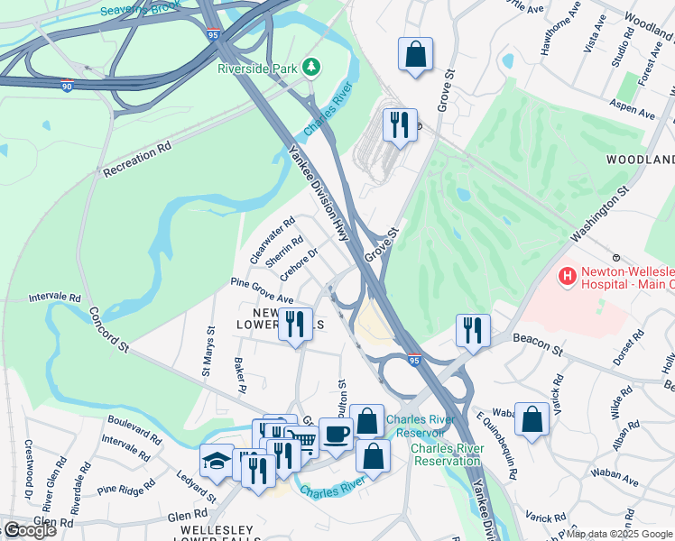 map of restaurants, bars, coffee shops, grocery stores, and more near 53 Deforest Road in Newton
