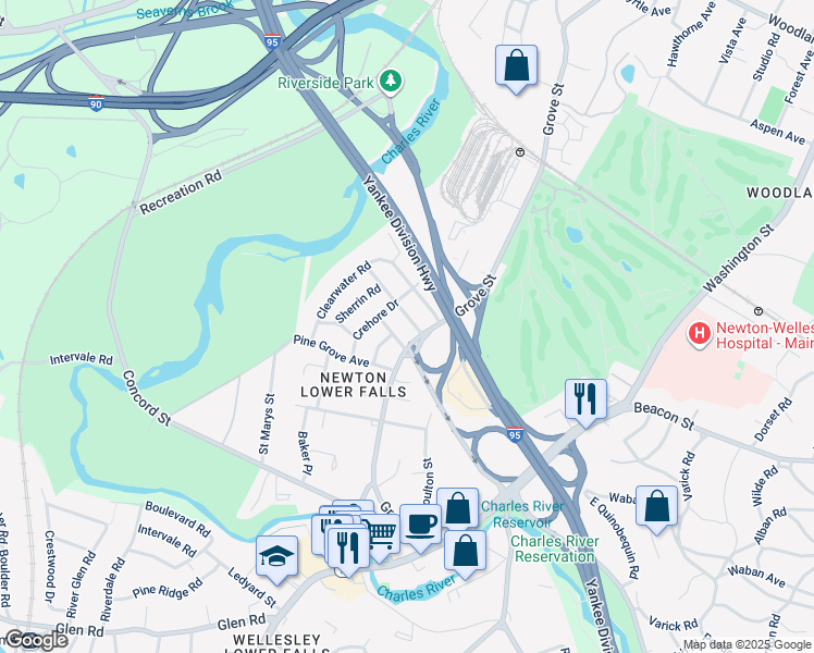 map of restaurants, bars, coffee shops, grocery stores, and more near 44 Pierrepont Road in Newton