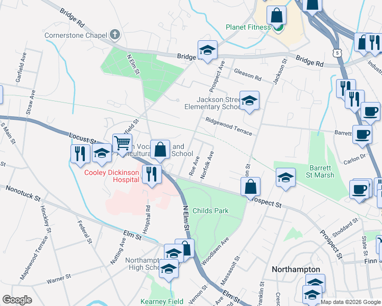 map of restaurants, bars, coffee shops, grocery stores, and more near 5 Calvin Terrace in Northampton