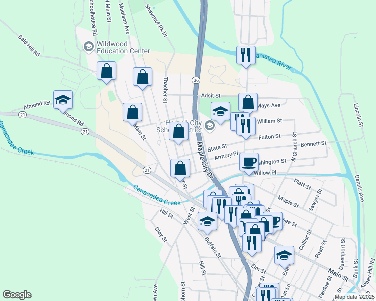 map of restaurants, bars, coffee shops, grocery stores, and more near 139 Hornell Street in Hornell