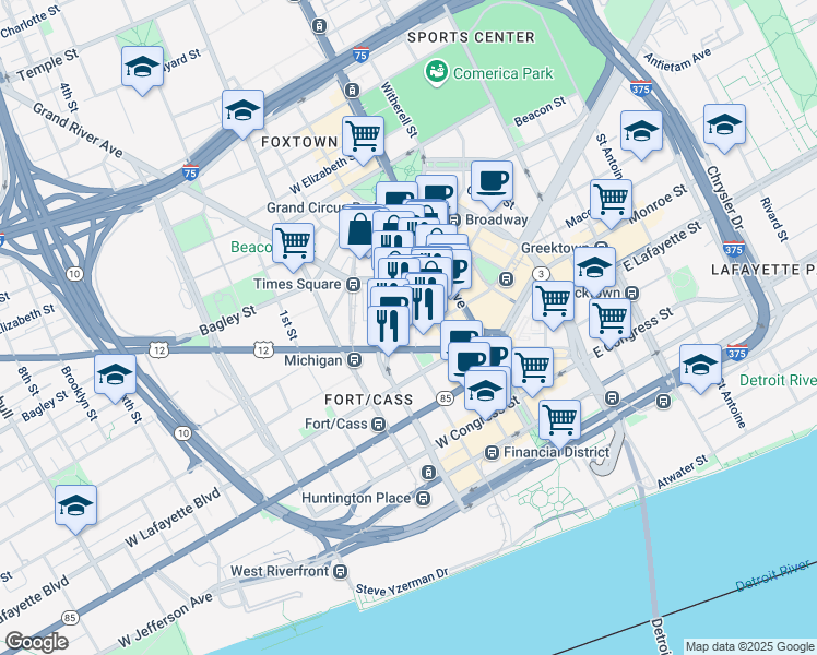 map of restaurants, bars, coffee shops, grocery stores, and more near 1119 Washington Boulevard in Detroit
