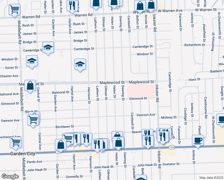 map of restaurants, bars, coffee shops, grocery stores, and more near 28183 Maplewood Street in Garden City