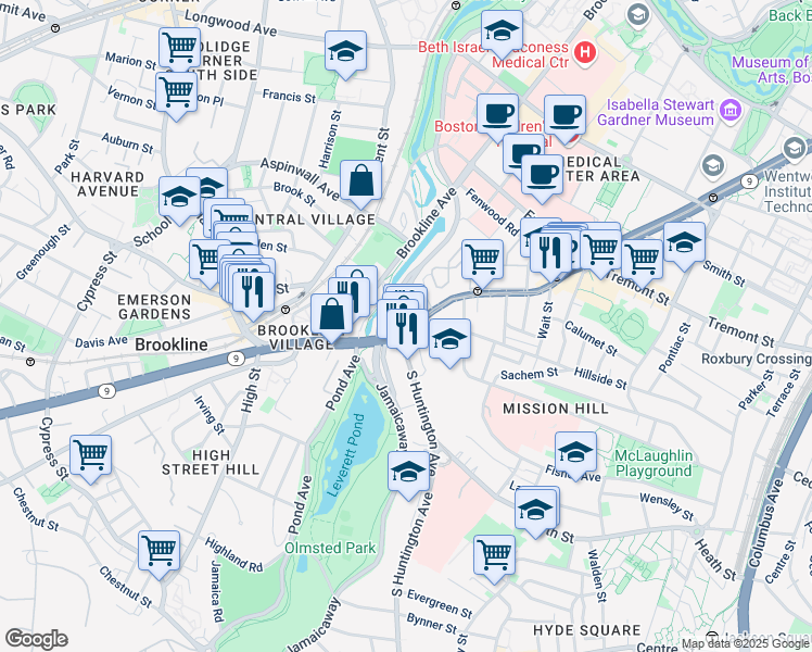 map of restaurants, bars, coffee shops, grocery stores, and more near 895 Huntington Avenue in Boston