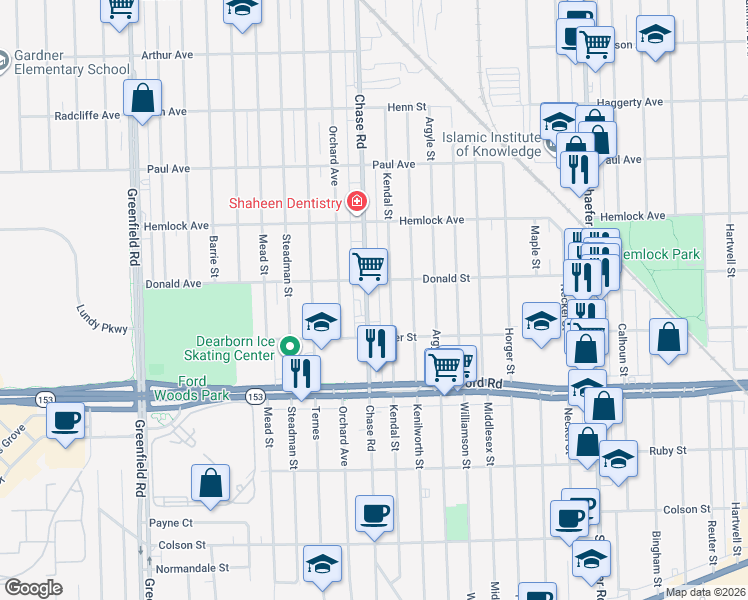 map of restaurants, bars, coffee shops, grocery stores, and more near 6000 Chase Road in Dearborn