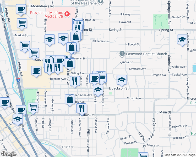 map of restaurants, bars, coffee shops, grocery stores, and more near 1331 Saling Avenue in Medford